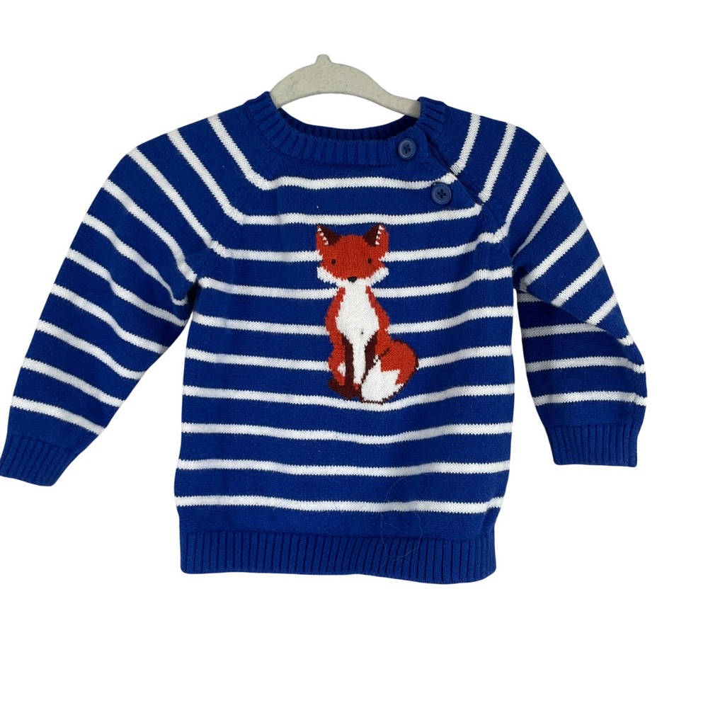 Gymboree Sweater Baby 6-12 Months Blue Cotton Striped Fox‎ Pullover Classic